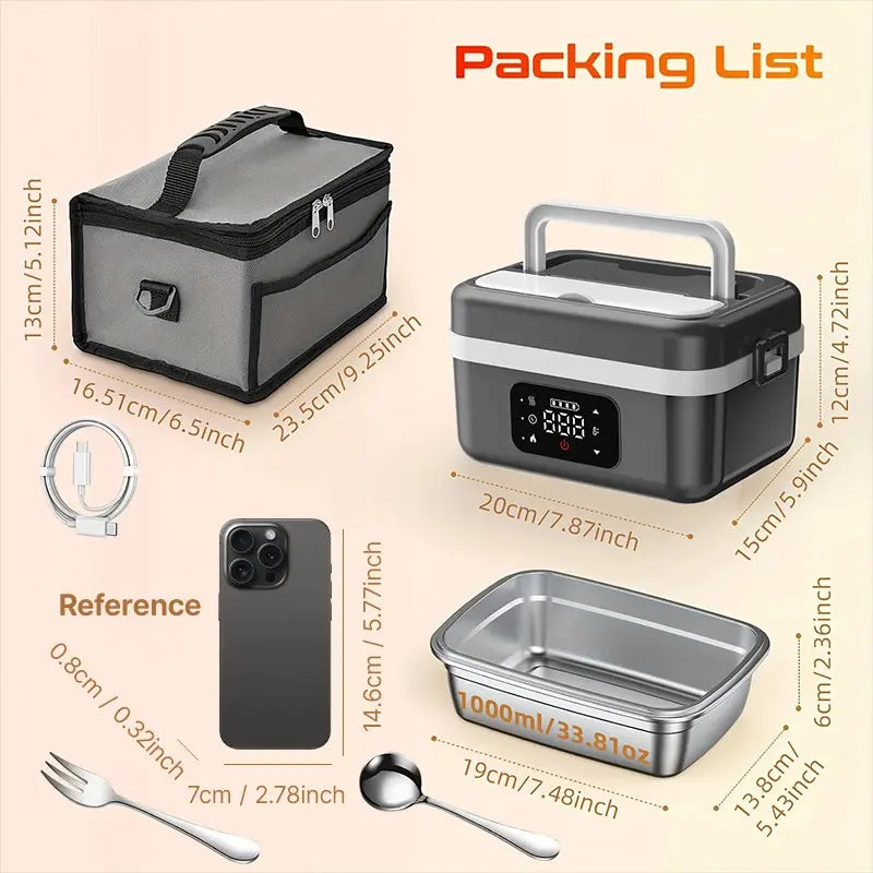🔥 Self‑Heating Wireless Charging Lunch Box✨ | ⏱️ Timer Function ✦1L Portable Insulated Hard‑Plastic Box ✦ For School Work Travel #GlobalSelection