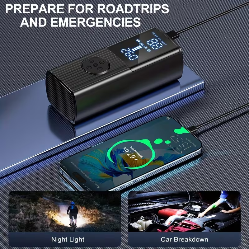 Portable Tire Inflator with Digital Pressure Gauge – 210 PSI, 22-Cylinder, Rechargeable Battery, LED Light, Cordless Air Pump – Suitable for Cars, Motorcycles, Bicycles, Sports Balls, etc. (New Model)