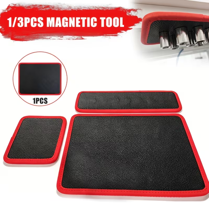 Magnetic Tool Organizer Tray (1/3-Piece Set) – Flexible Magnetic Tool Mat and Tray Holder for Automotive Repair. Red and Black Tool Storage Mat with Strong Magnetic Base; Ideal for Garages, Workshops, DIY Mechanics, and Auto Repair Tools.
