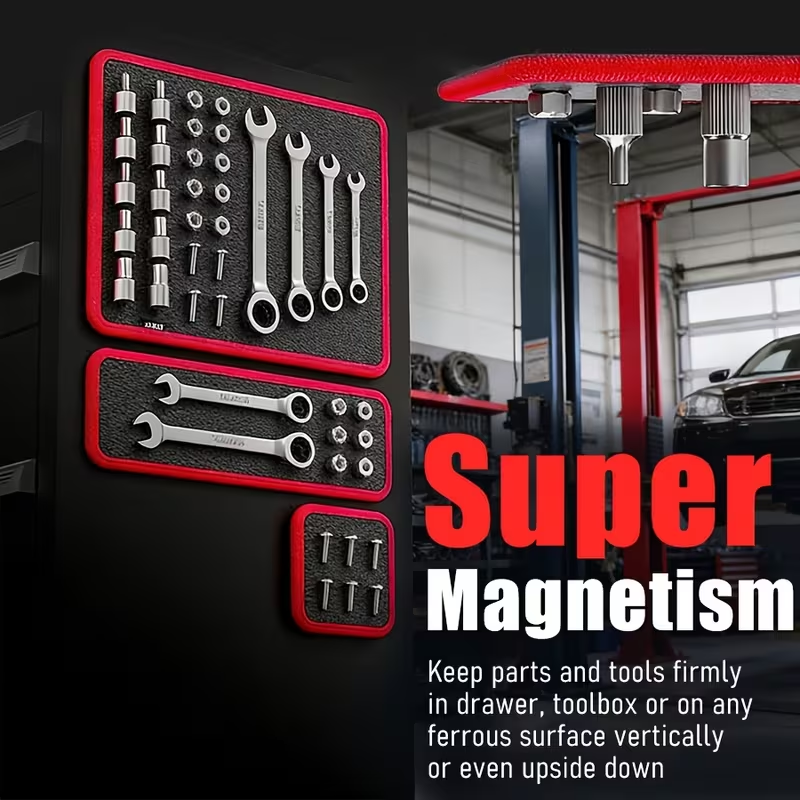Magnetic Tool Organizer Tray (1/3-Piece Set) – Flexible Magnetic Tool Mat and Tray Holder for Automotive Repair. Red and Black Tool Storage Mat with Strong Magnetic Base; Ideal for Garages, Workshops, DIY Mechanics, and Auto Repair Tools.
