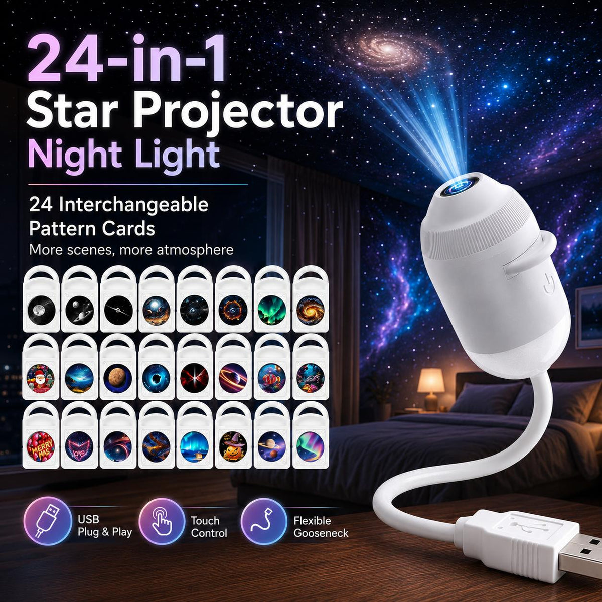 ✨Flexible Gooseneck Star Projector Lamp, USB Powered Galaxy Night Light with Swapable Pattern Cards, Kids Anti-fear Dark Light, Home & Car Decor, Birthday Present
