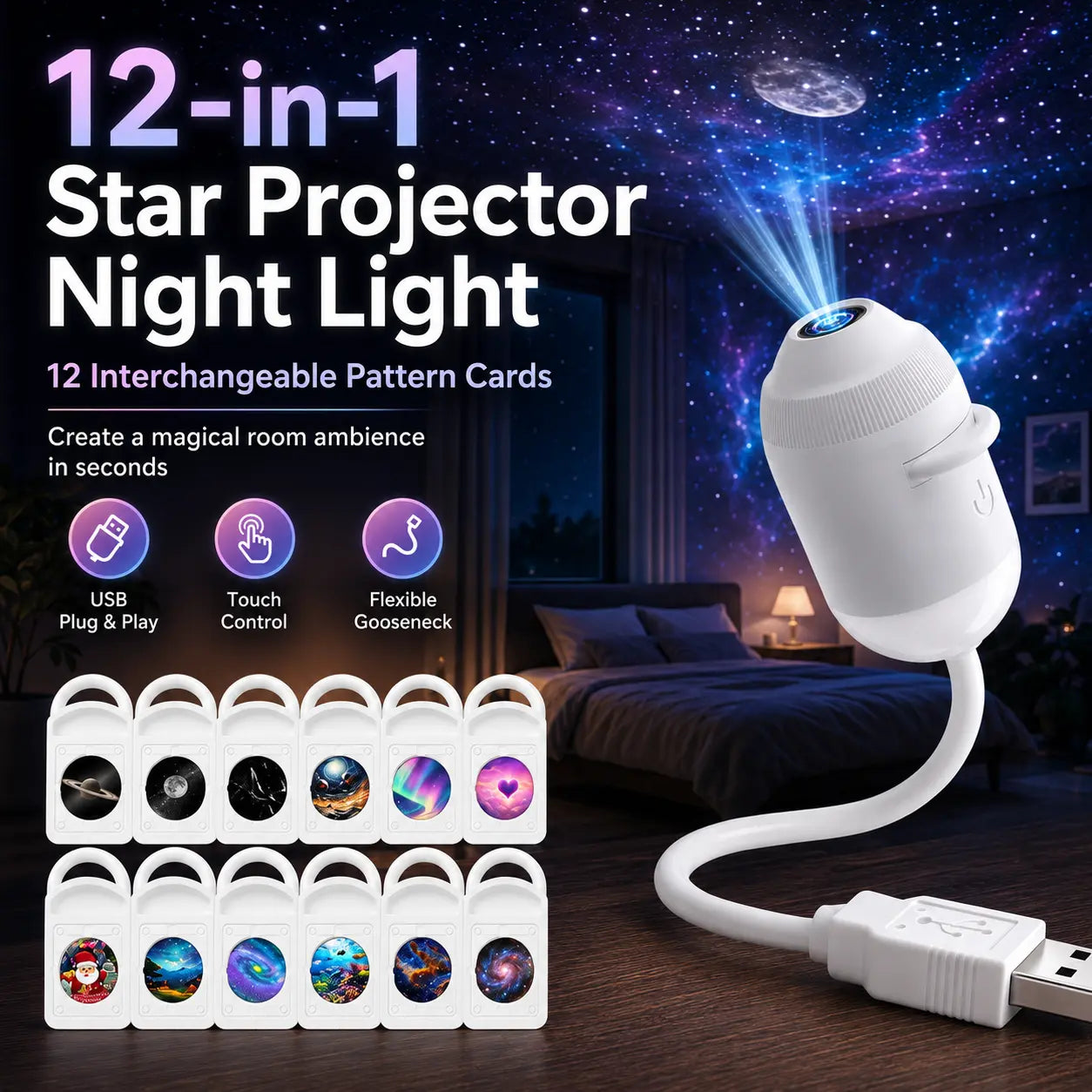 ✨Flexible Gooseneck Star Projector Lamp, USB Powered Galaxy Night Light with Swapable Pattern Cards, Kids Anti-fear Dark Light, Home & Car Decor, Birthday Present